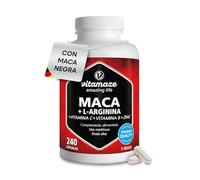 Maca con L-Arginina, Complejo con Tres tipos de Maca Andina (Negra, Amarilla y Roja) + Vitamina C, B6, B12 + Zinc, 240 Cápsulas, Raíz Peruana, Calidad Alemana, Sin Aditivos. Vitamaze