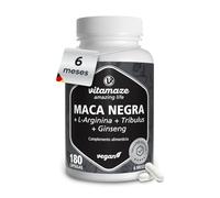 Maca Negra con Tribulus y Ginseng, 6 Meses Alta Concentración 10.000 mg en 1 Cápsula Diaria. Energía, Fuerza y Rendimiento. L-Arginina, Zinc, Vitaminas B. 180 Cápsulas Veganas, Fabricado en Alemania
