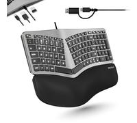 Macally Teclado ergonómico con cable para Mac, concentrador USB, doble USB C + enchufe A, diseño dividido, cojín acolchado para la muñeca, teclas retroiluminadas, teclado compatible con Apple para