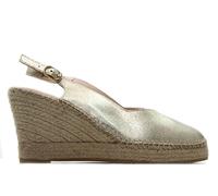 MACARENA - Sandalia de pala con cuña de esparto,pulsera al tobillo,suela de goma,piel,planta de gel, para: Mujer color: PLATINO talla:36