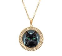 maccbn Collar de diamante con diseño de gato negro y ojos verdes para mujer, collar conmemorativo para pareja, cadena de aleación de 20 pulgadas, collar con colgante de foto personalizada para