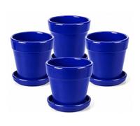 Maceta cerámica azul con plato Pack de 4, macetero esmaltado para plantas de interior y exterior, tiesto decorativo para flores, cactus y suculentas, ideal para balcón, terraza, cocina y hogar