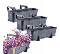 KADAX Macetas de Plástico Imitación Ratán, Maceteros Rectangulares con Platillos y Soportes para Exterior, Jardineras Colgantes (3: Grafito, 60 cm)
