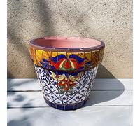 Maceta de cerámica Coloreada Grande y esmaltada con platillo Redonda de Terracota Pintada a Mano para bonsái para jardín de Mosaico.,do
