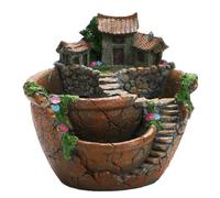 Maceta de resina en miniatura con escalera y detalle de valla, 17,5 x 17 x