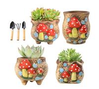 Maceta, Pack de 4 Maceteros Decorativos Interior de Cerámica con Forma de Hongo con 3 Palas Macetas Diseño Dibujado A Mano Ideal Para Diversas Plantas Pequeñas Incluyendo Cactus Vegetación Artificial