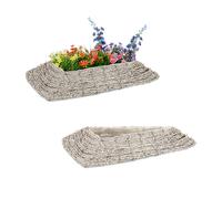 Relaxdays Maceta, Set 2, Ratán, Macetero con Plástico, 10 x 55 x 25 cm, Cestas para Plantas de Interior, Blanco/Natural, Fibra Vegetal