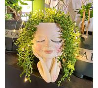 Maceta Solar para Rostro, Cabeza suculenta, macetas de Flores, con luz LED, Resistente al Agua, Resina con Orificio de Drenaje, Lindos Ojos Cerrados, para Mujer, Maceta,balcón, decoración de jardín