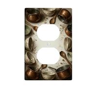 Macetas de cocina dúplex para toma de corriente, platos de pared rústicos vintage, cucharas y cuencos de plástico marrón otoño, tamaño estándar, placas faciales para enchufes eléctricos para el hogar