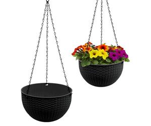 Macetero colgante antracita en aspecto de ratán, 23 cm, juego de 2 unidades, de plástico con desagüe y cadena de metal, decoración para jardín, maceta, maceta, maceta, maceta, maceta, maceta, maceta