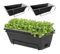 Macetero con barandilla, 3 unidades de 17 pulgadas rectangular para ventana con agujeros de drenaje y bandejas, cajas de flores de resina con soportes para colgar para decoración de jardín, patio