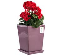 Macetero con plato, maceta cuadrada para flores, 17 cm x 24 cm, superficie brillante rosa, simple y minimalista, interior alto, desagüe inferior, soporte para orquídeas, jarrón de cerámica, moderno