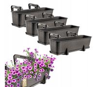 KADAX Macetas de Plástico Imitación Ratán, Maceteros Rectangulares con Platillos y Soportes para Exterior, Jardineras Colgantes (4: Marrón, 60 cm, Aprox. 48L)