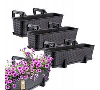 KADAX Macetas de Plástico Imitación Ratán, Maceteros Rectangulares con Platillos y Soportes para Exterior, Jardineras Colgantes (3: Antracita, 60 cm)