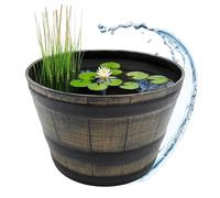 Macetero de plástico con aspecto de barril de roble marrón, 44 cm, mini estanque de jardín
