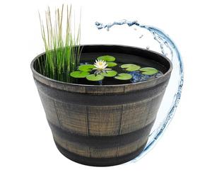 Macetero de plástico con aspecto de barril de roble marrón, 44 cm, mini estanque de jardín