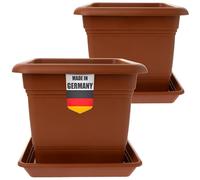 Macetero grande exterior de 40 x 40 cm con plato (juego de 2) - Maceta resistente a las heladas de plástico - Fabricado en Alemania - Maceta grande exterior - Terracota
