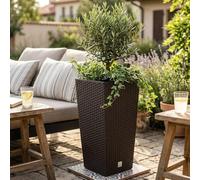 Maceteros Altos para Flores con Cubeta Interior, Maceta Grande de Exterior/Interior, Plástico Efecto Rattan, para Terraza, Jardín o Salón, Resistente UV, 44,9 Alto x (24x24) cm, Color Ocre Oscuro