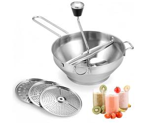 Machacador de acero inoxidable con 3 discos de fresado, molinillo giratorio multifuncional, molinillo manual de verduras, exprimidor de patatas giratorio manual para salsa de tomate, puré de manzana