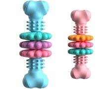 Machify Juguetes de dentición para perros, 2 piezas de juguetes masticables TPR en forma de hueso con rodajas suculentas, juego de juego atractivo, función de limpieza de dientes, perro azul y rosa