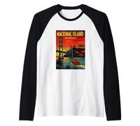 Mackinac Island Bridge City Skyline Michigan Retro Viajes Camiseta Manga Raglan