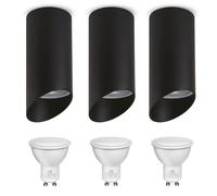 Maclean Foco de Superficie con Casquillo GU10 hasta 40W | Lámpara de Techo de Aluminio para Uso Interior | Diseño Moderno | 55x130 milímetros (Negro, 3 unidades + bombilla blanca cálida, 7 W)