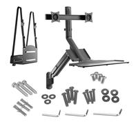 Maclean MC-633 - Estación de trabajo 3 en 1: soporte de pared para monitor de 2 vías con estante para teclado y soporte de computadora, soporte de pared de 43 a 81 cm, resorte de gas