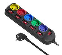 Maclean MCE204 - Regleta de 5 enchufes con Interruptor, protección Infantil, 2500 W, Color Negro y Multicolor