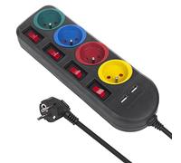 Maclean MCE229 B Alargador Regleta de Enchufes Cable de Prolongación de 4 Tomas + 2xUSB con Interruptores, 250VAC/10A, 2,1A 5V, 1,5m (Black)