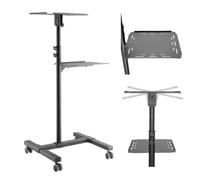 Maclean mesa móvil para proyector y portátil, ajustable, 10 kg | 95-145 cm ajustable, inclinable ±12°, 4 ruedas, 2 con freno, 2 superficies de trabajo, marco de acero