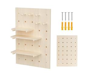 Maclean Panel de pared MC-130 WD en madera clara 40x60 cm con 3 estantes y 5 ganchos, capacidad de carga de 20 kg, resistente montaje en pared para cocina, oficina, taller, almacenamiento decorativo y