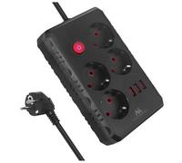 Maclean Regleta MCE392/3 | 4 Tomacorrientes 3xUSB 2500W | Tomas angulares de 45° | Interruptor Iluminado montado en Pared, Universal para el hogar, la Oficina y los Juegos (Negro, 3 m)