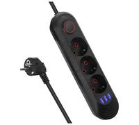 Maclean Regleta MCE394/MCE395 | USB 2500W 1,5m | Compacto con Interruptor, Puertos USB iluminados de 45° | Montaje en Pared (Negro, 3 Tomas)