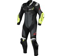 Macna Chromiq Traje de cuero de moto de una sola pieza, negro/amarillo, Talla 52