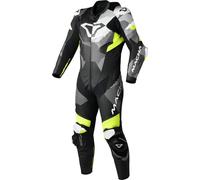 Macna Ignite Traje de cuero de moto de una pieza perforado, Negro/blanco/neón amarillo, Talla 56