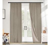 MacoChico - Cortinas opacas de lino 100% de bloqueo de luz, cortinas térmicas para sala de estar y dormitorio, color marrón Oxford 132 cm de ancho x 183 cm de largo, plisadas con ganchos y alzapaños