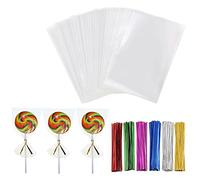 Macoota 200 bolsas de celofán planas de celofán pequeñas y transparentes de 3 x 5 pulgadas, con 6 colores de lazos giratorios, para envolver galletas, caramelos, palomitas de maíz, regalo