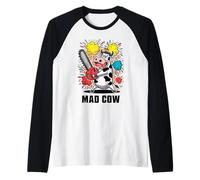 MAD VACA Vaca lleva una motosierra. Caos Funny Chainsaw Crazy Camiseta Manga Raglan