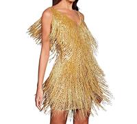 Madam Uniq Vestido formal de los años 20 con borlas y lentejuelas para mujer, mini vestido con flecos, para concierto, fiesta, club, baile de graduación, dorado(C-GOLD), S