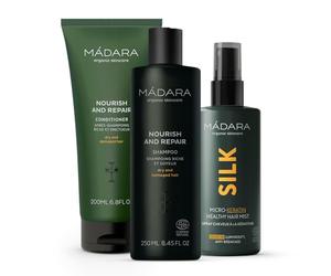 MÁDARA Organic Hair Repair Bundle - Nourish & Repair Shampoo (250ml), Conditioner (200ml) & SILK Micro-Keratin Healthy Hair Mist (90ml) - Set fortalecedor para cabello seco y dañado - Vegano y natural