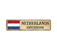 Madcolitote Letreros de calle de los Países Bajos personalizados de bandera de los Países Bajos Amsterdam Capital Country City Souvenir Cartel de lata de metal rústico amarillento decoración del