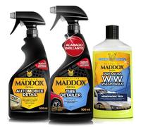 Maddox Detail - Kit Limpieza Coche Profesional 3 en 1 con Champú Para Coches, Limpieza De Llantas, Renovador Plasticos Exteriores y Limpiador Salpicadero Coche | Limpieza Coche Integral
