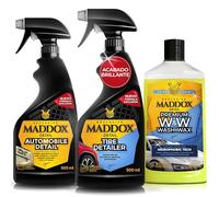 Maddox Detail - Kit Limpieza Coche Profesional 3 en 1 Limpieza Coche | Champú para Coches con Cera, Renovador, Abrillantador de Plásticos y Gomas Exteriores, Limpiador Salpicadero Coche