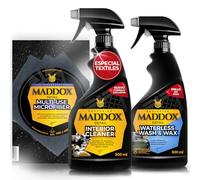 Maddox Detail - Pack de Mantenimiento y Limpieza para Coche | 1 Interior Cleaner + 1 Multi-Use Microfiber + 1 Waterless Wash & Wax | Limpieza Profunda sin Agua para Interiores y Exteriores.