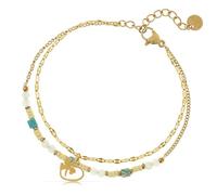 Made by Nami Pulsera de doble fila para mujer, oro con perlas y colgantes de colores, 16 + 3 cm, pulsera dorada, Anpassbar, Acero inoxidable, No es una piedra preciosa