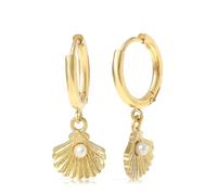 Made by Nami Set de pendientes boho dorados colgantes de aro con colgante de concha y perla de agua dulce de acero inoxidable quirúrgico, pendientes de perlas bohemias, joyas minimalistas para mujer