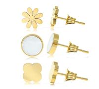 Made by Nami Set de pendientes para mujer en diferentes formas con luna, estrella, corazón, sol, nácar, pendientes dorados de acero inoxidable quirúrgico, joyas resistentes al agua, regalo para ella