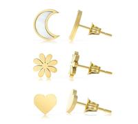 Made by Nami Set de pendientes para mujer en diferentes formas con luna, estrella, corazón, sol, nácar, pendientes dorados de acero inoxidable quirúrgico, joyas resistentes al agua, regalo para ella