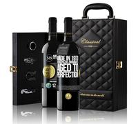 «Made in 1970 100% piezas originales Aged to perfection» Mensaje en una Botella. Estuche-Maletín de LUJO 2x Vino Tinto Premium Reserva 12 Meses y Set de 4 Accesorios. Etiqueta Negra PERSONALIZABLE