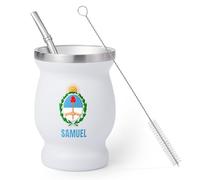 Made in Gift | Kit de Vaso para Mate Argentino Personalizado con Nombre | Acero Inoxidable Doble Pared 250ml | Con Bombilla y Cepillo | Diseño Sol, Escudo o Mate (ESCUDO ARGENTINO)